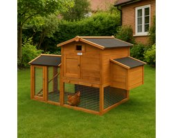 Lendo Online Kippenhok van geïmpregneerd vurenhout met nachthok en ren - 151x69x92cm - Bruin - kleine dieren - konijnenhok - Kippenverblijf - binnen en buiten - Asfalt dak - Weersbestendig