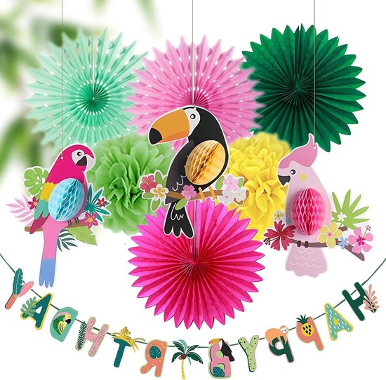 Allecto Plus - Papegaai Papieren Waaierdecoratie voor Hawaï Thema Verjaardag en Tuinfeest - Set van 6 Papieren Waaiers, 3 Papegaaien en 1 Banner