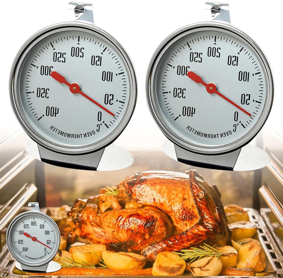 Allecto Plus - Digitale Oventhermometer 2 stuks van roestvrij staal voor oven, elektrisch fornuis en gasfornuis - Temperatuurweergave van 0°C tot 400°C - Ophangbaar en neer te zetten - Ideaal voor koken en bakken