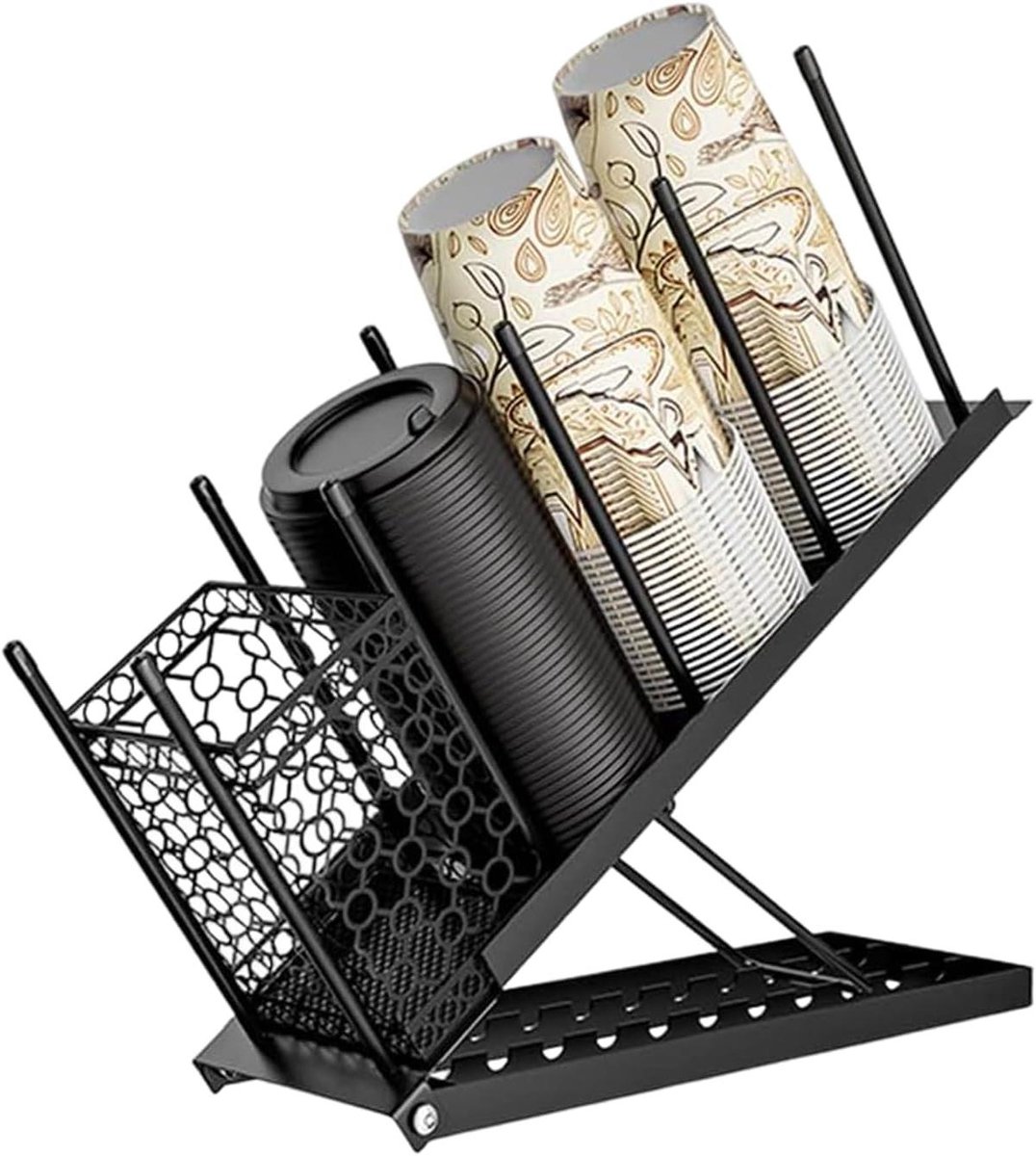 Verstelbare Koffie Bekerhouder Organizer voor Koffiebar - Opbergmand met 4 Compartimenten en Strodispenser