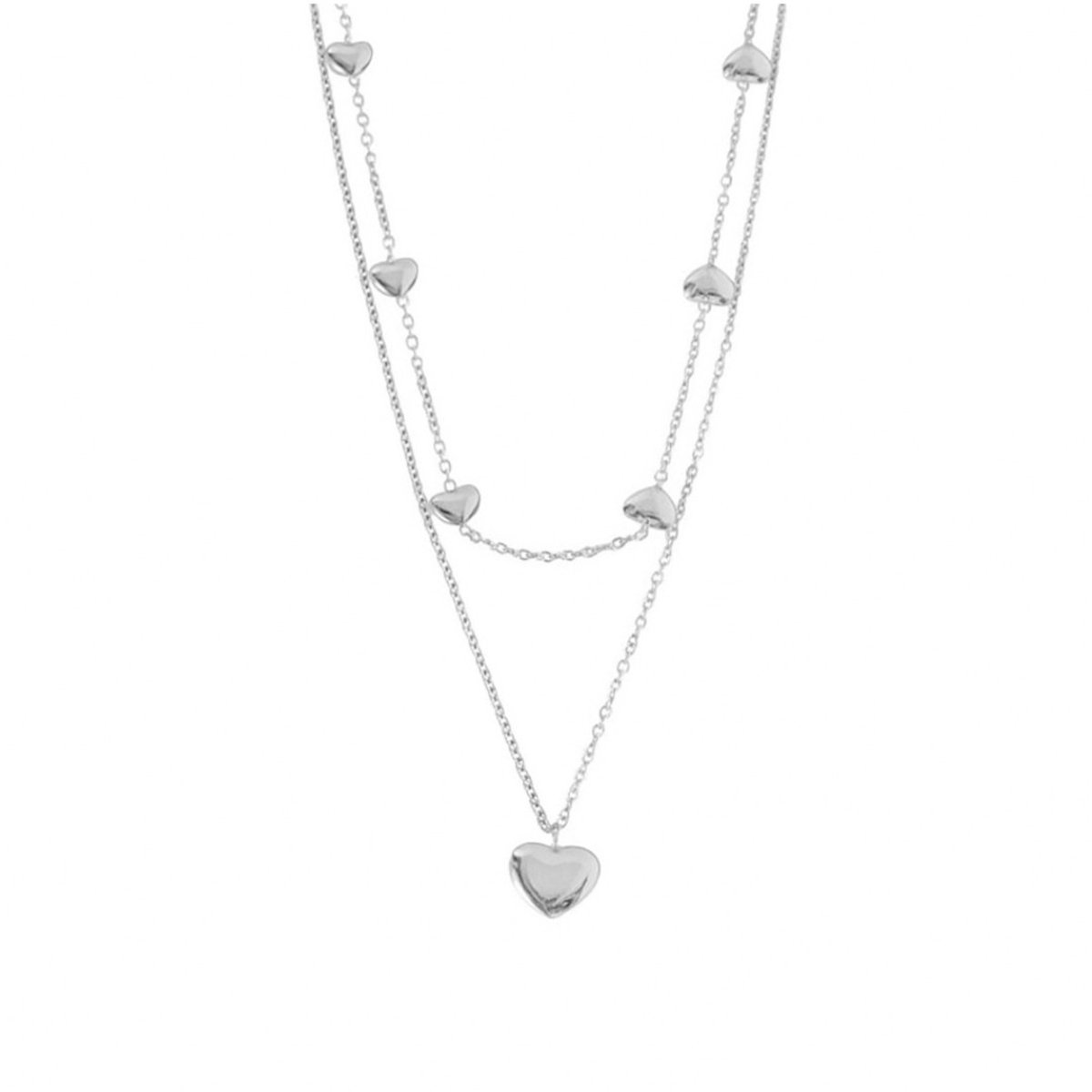 Luxxie - Dubbellaags Hartjes Ketting - Zilver - Stainless Steel - 42 cm