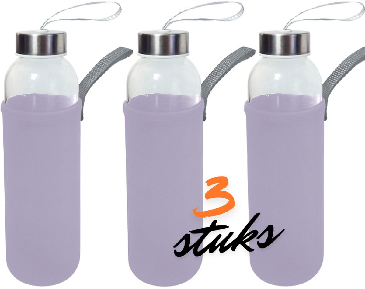Michelino 3 stuks glazen drinkfles 500 ml met neopreenhoes – lichtpaars – waterfles onderweg