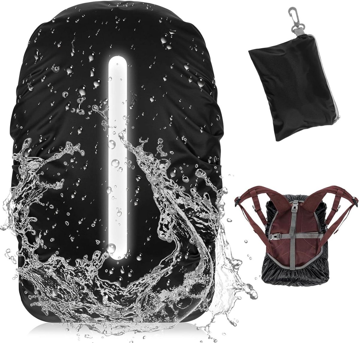 Allecto Plus - Regenbescherming Rugzak - Waterdichte Regenhoes 40-50L - Reflecterende Strepen - Zwart - Opbergtas - Wandelen, Kamperen, Reizen, Fietsen