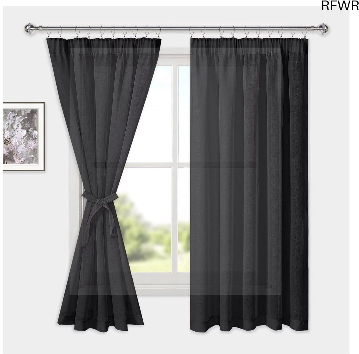 RFWR Voile gordijnen met plooiband 160 x 140 cm - halftransparant voor woonkamer, slaapkamer en meer Zwart