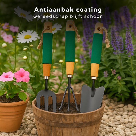 Cheqo® Tuingereedschap Set - Tuin Gereedschap Set - Tuingereedschapset - Hark - Spitvork - Plantschep - Tuin Accessoires - Voor Klein Tuinwerk - Houten Handvat - 27 cm van Cheqo — afbeelding 5