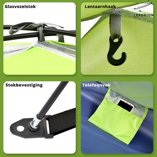 Tente Lexorion 1-2 personnes – Tente de Festival – Tente de camping – Tente manuelle pour 2 personnes – Légère – Hydrofuge – Festival, plage et Plein air – Oxford 210D – Sac de transport et moustiquaire inclus – Couleur de tente aléatoire
