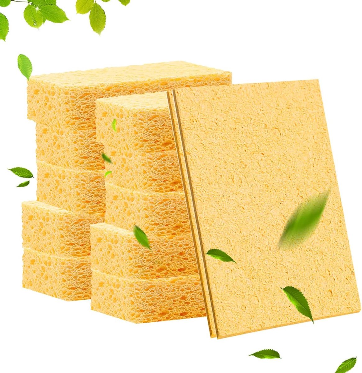 Allecto Plus - Sponzen Voor Afwassen - Set van 10 Natuurlijke Cellulosesponzen - Pop-Up Sponzen - Samengeperste Houtpulp Sponzen - Keukendoekjes - Niet-krassende Sponzen voor Huishouden - Geel - 75 karakters