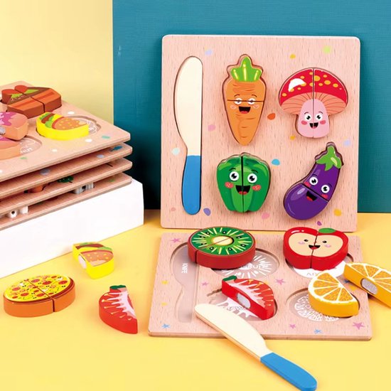 Houten fruit puzzel - Vanaf 1 jaar - Fruit snijden - Kinderpuzzel - Educatief montessori speelgoed - Keukentje - Grapat en Grimms style