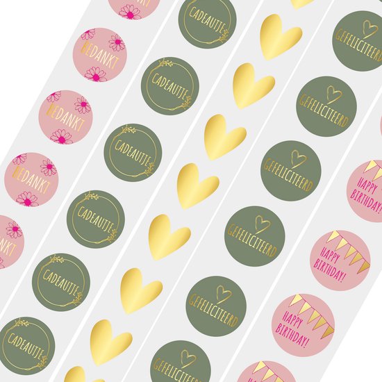 250x Stickers - Sluitstickers / Cadeaustickers | Gefeliciteerd + Cadeautje + Hartje Goud + Bedankt + Happy Birthday! | 39 mm - Goldy Sticker Serie