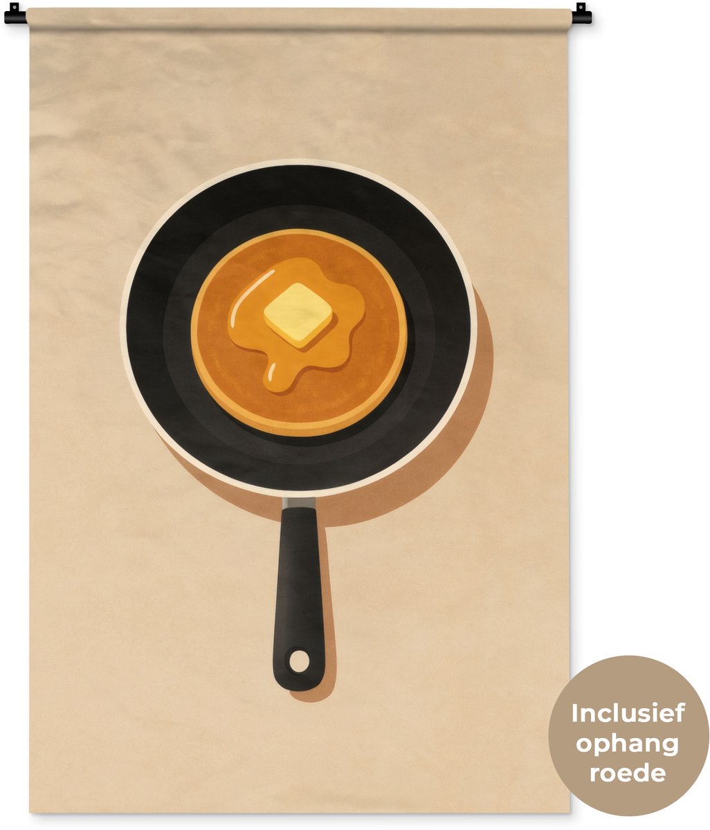 Wandkleed 90x135 cm - Wanddoek Pannenkoek - Koekenpan - Boter - Minimalistisch - Wandtapij