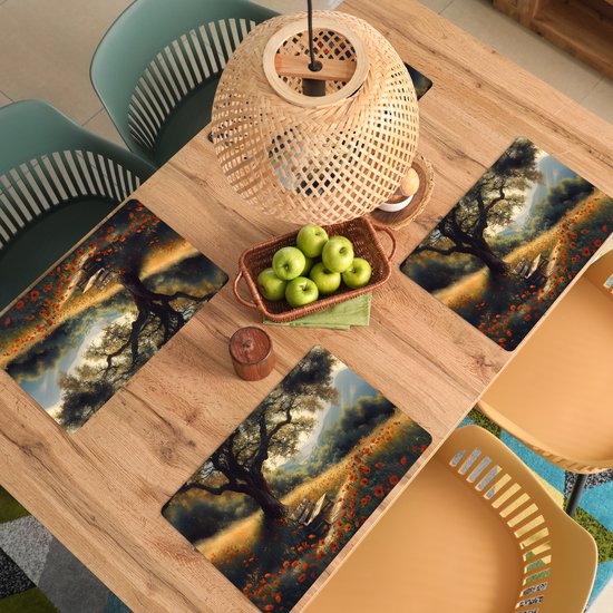 Placemats - 6 stuks - 45x30 cm - Placemat kunststof - Bankje - Boom - Klaprozen - Heuvels - Borden onderleggers - Decoratie voor op tafel - Keuken tafeldecoratie accessoires - Vinyl onderlegger - Tafelversiering