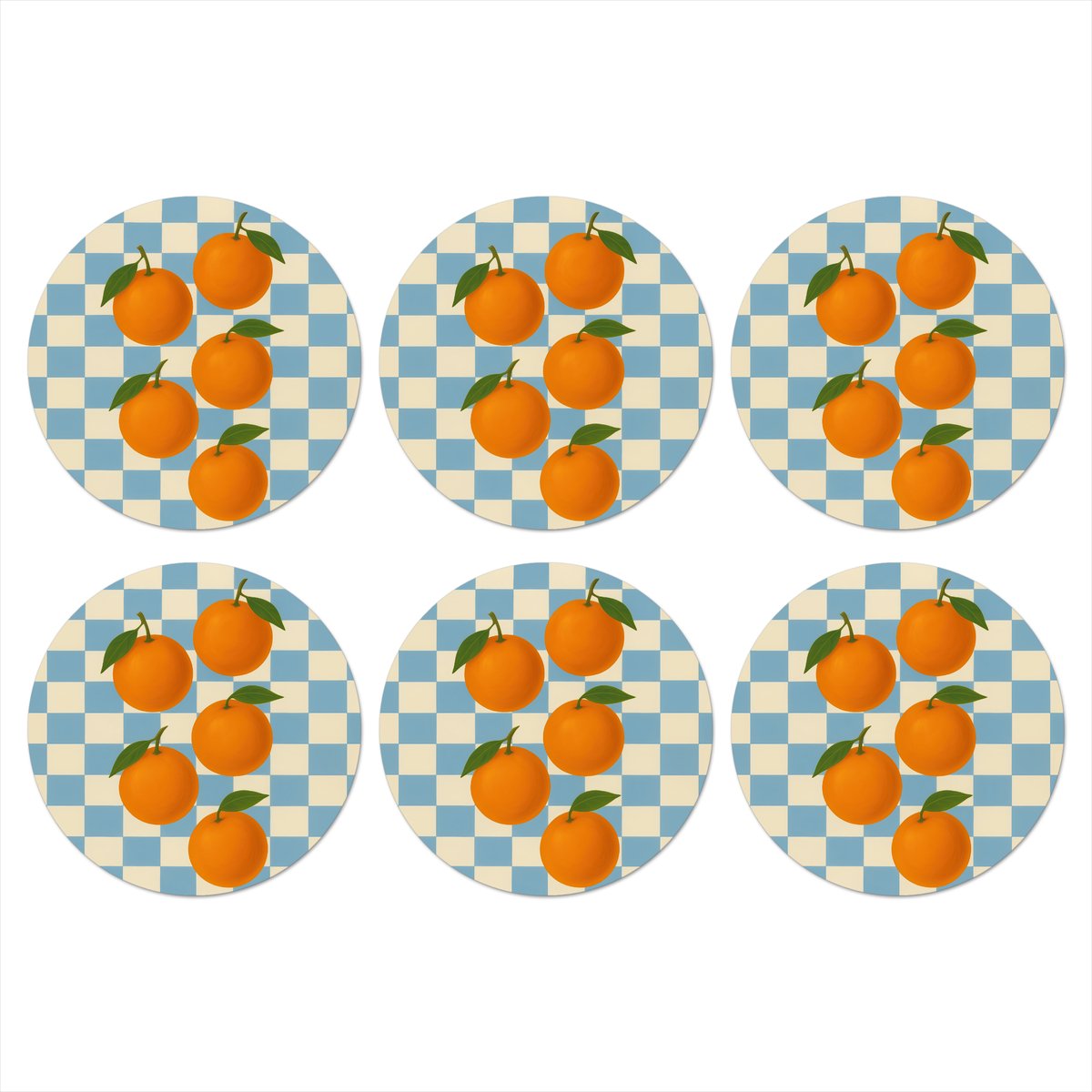 Onderzetters voor glazen - Rond - Sinaasappels - Blaadjes - Geblokt - Blauw - 10x10 cm - Glasonderzetters - 6 stuks