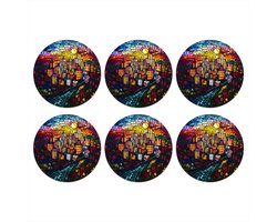 Onderzetters voor glazen - Rond - Stad - Maan - Mozaïek - Kleurrijk - 10x10 cm - Glasonderzetters - 6 stuks