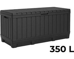 Tuin Opbergbox 350L – Waterdichte Kunststof Opbergkist met Deksel – Zitbank met Rugleuning voor 2 Personen – Ideaal voor Kussens, Tuingereedschap en Speelgoed – Antraciet