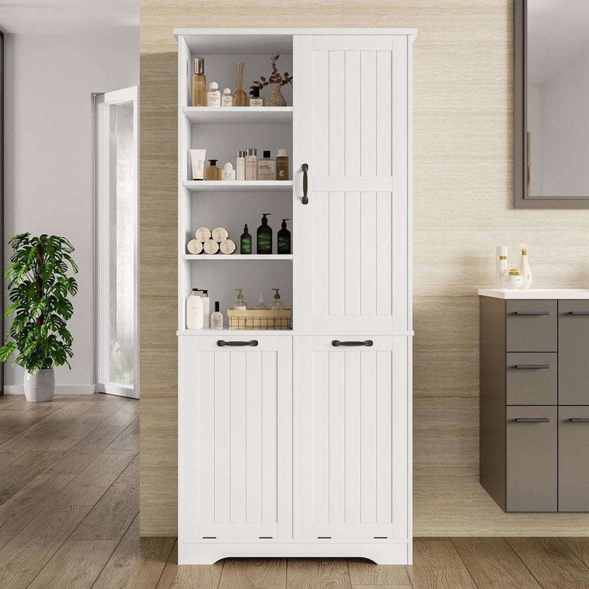 Pugsdrly 78 x 35 x 172 cm Badkamermeubel, vochtbestendige verf, dubbele wasmand, vier open vakken, een deur, drie vakken in de deur, verstelbare planken, veel opbergruimte, wit
