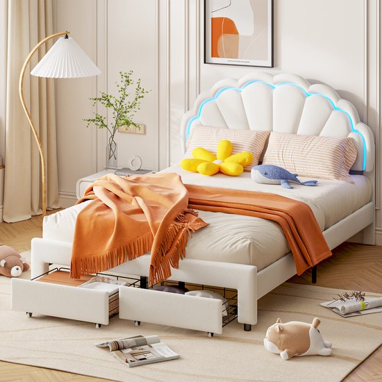 Kinderbed 140x200cm, LED tweepersoonsbed Gestoffeerd bed met hoofdeinde in bloemvorm, lattenbodem en opbergruimte, voor tienermeisjes, velours wit (zonder matras)
