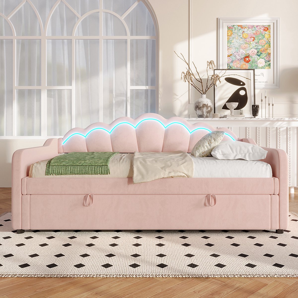 Pugsdrly Dagbed, slaapbank, hydraulisch bed, met opbergruimte, eenpersoonsbed (zonder matras), fluweel, LED-strip met wisselende kleuren, 90x200cm, roze