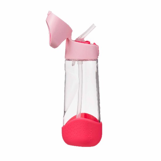 Gourde rose avec une base en silicone rouge, couvercle anti-goutte et anti-fuite pliable avec paille.
