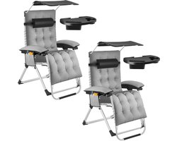 tectake® set van 2 Opvouwbare Ligstoelen Cloud met Zonnescherm - Tuinstoelen met Tafeltje - Bekerhouder - Traploos Verstelbaar - Voor Balkon, Camping of Tuin - Relaxstoelen met extra dik Kussen - Strandstoelen - Ligbed - Div. kleuren - Grijs