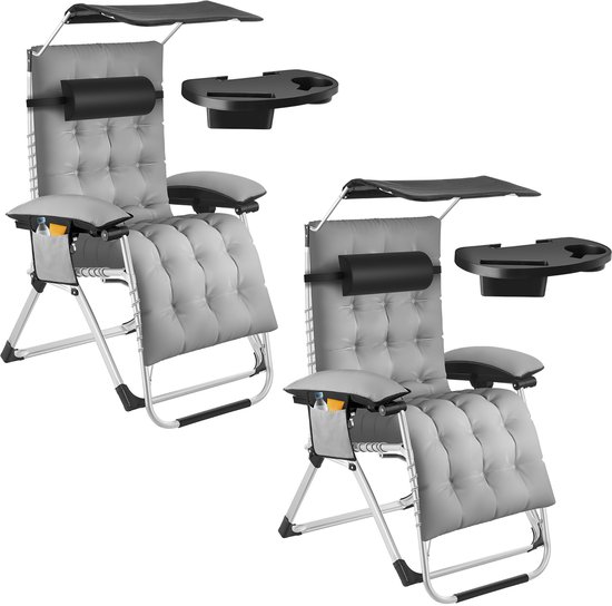 tectake® set van 2 Opvouwbare Ligstoelen Cloud met Zonnescherm - Tuinstoelen met Tafeltje - Bekerhouder - Traploos Verstelbaar - Voor Balkon, Camping of Tuin - Relaxstoelen met extra dik Kussen - Strandstoelen - Ligbed - Div. kleuren - Grijs