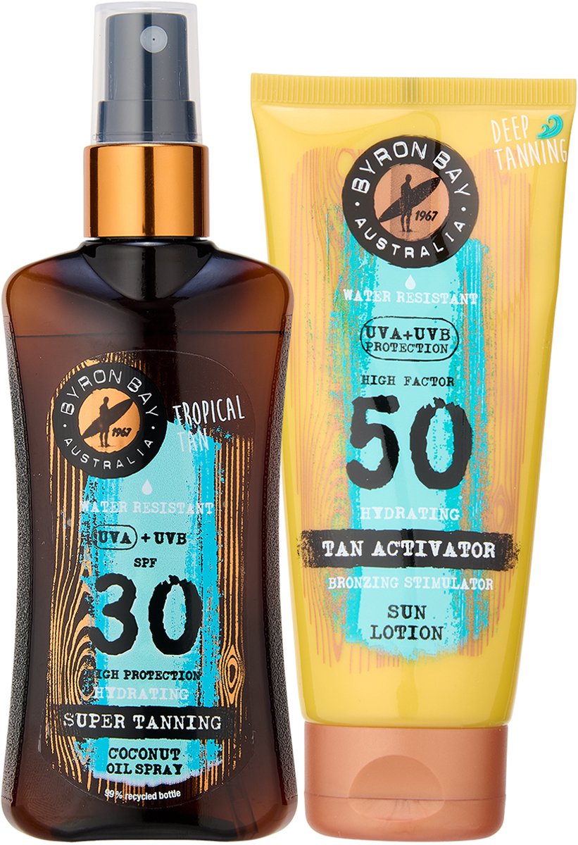 Byron Bay Super Tanning Oil SPF 30 travelsize + Tan Activator Sun Lotion SPF 50 travelsize - 2x 100ml