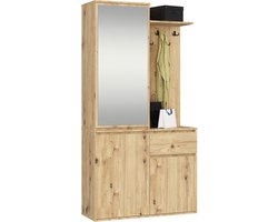 Hal set met spiegel ENTRO / Halmeubel met 3 Deuren en 1 Lade / Hal Kast / Kapstok en Schoenenkast / Artisan Eik / 95 x 183 x 35 cm