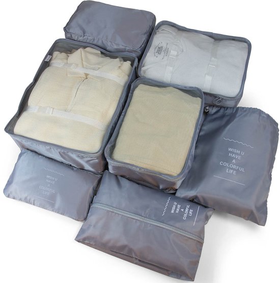 George Napoli Cubes d'emballage - Set de rangement pour valises - 7 pièces - Sacs de voyage - Cubes de voyage - Grijs