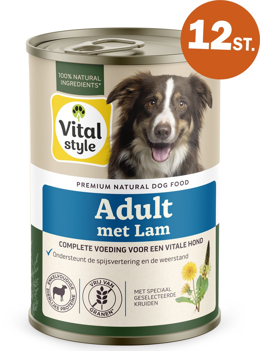 VITALstyle Hond Adult Met Lam - Natvoer - Alles Voor Een Vitale Hond - Met o.a. Pompoen & Smalle Weegbree - 12 x 400 g