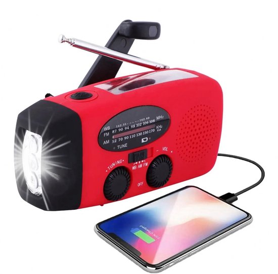 Noodradio - Noodradio Opwindbaar - 2000 mAh - Radio Met Accu Batterij Voor Noodsituaties - Noodpakket - Opwindbaar - Solar - Zaklamp - Powerbank - Noodradio Op Batterijen - Rood - Voor Rampen/Camping - Draagbare