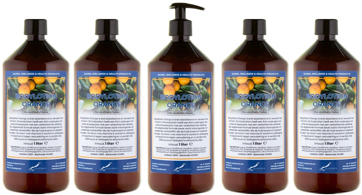 Bodylotion Orange 1 Liter - met gratis pomp - set van 5 stuks - Voordeelverpakking