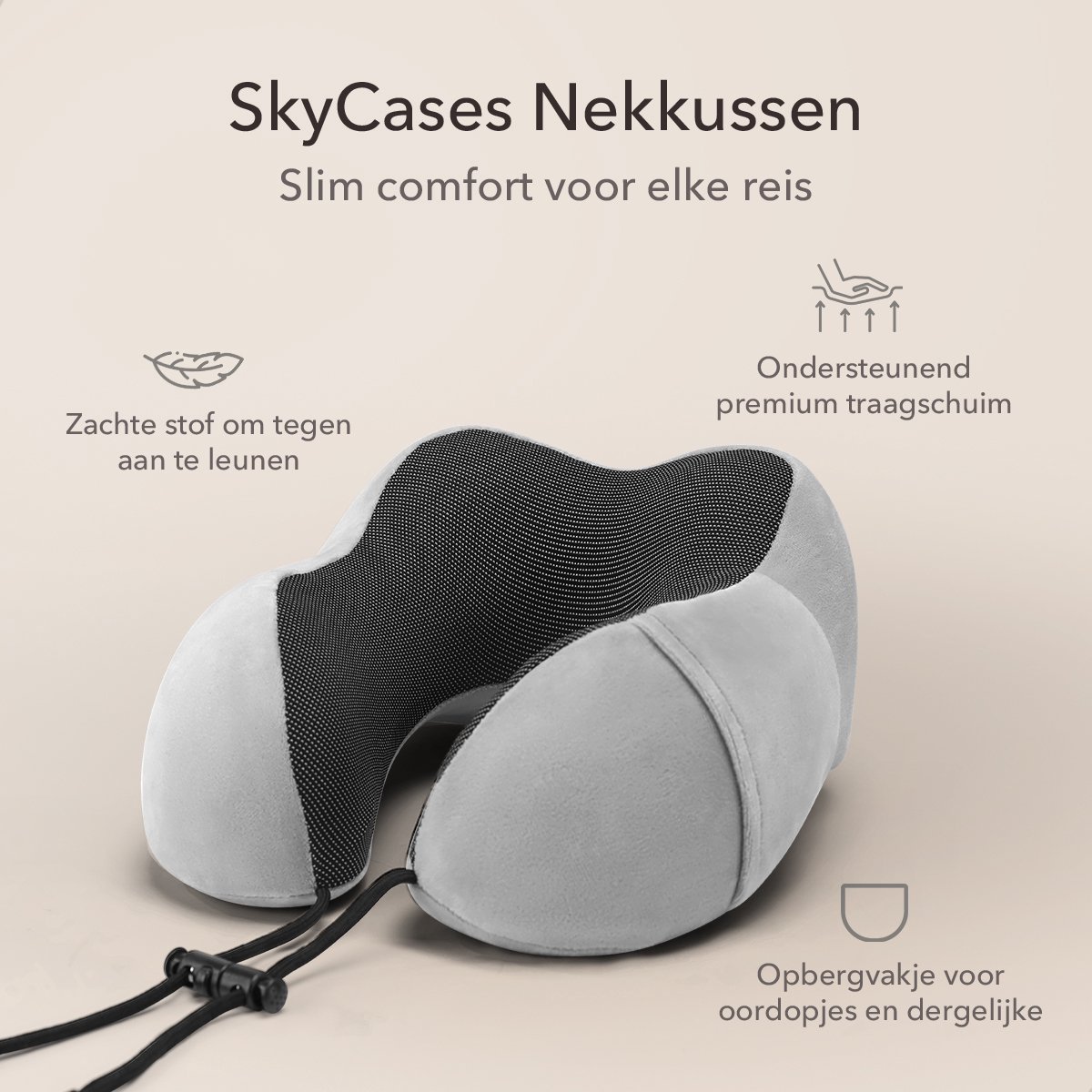 SKYCASES Travel Essentials - Nekkussen Set 3-delig - Ergonomisch Memory Foam Reiskussen met Oogmasker en Oordoppen - Ideaal voor Vliegtuig, Auto en Trein - Compact en Luxe - Lichtgrijs — afbeelding 2
