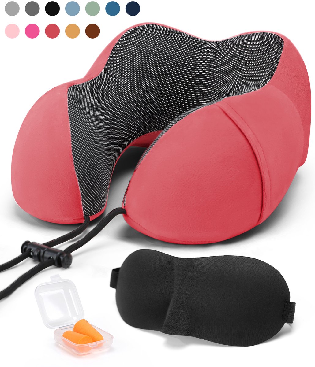 SKYCASES Travel Essentials - Nekkussen Set 3-delig - Ergonomisch Memory Foam Reiskussen met Oogmasker en Oordoppen - Ideaal voor Vliegtuig, Auto en Trein - Compact en Luxe - Rood