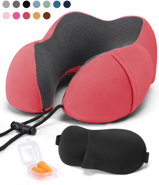 SKYCASES Travel Essentials - Nekkussen Set 3-delig - Ergonomisch Memory Foam Reiskussen met Oogmasker en Oordoppen - Ideaal voor Vliegtuig, Auto en Trein - Compact en Luxe - Rood