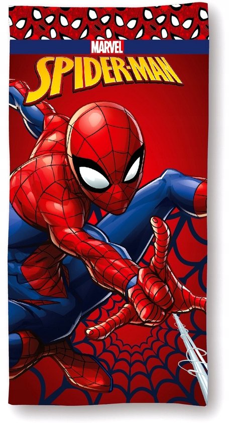 Spider-Man en costume rouge et bleu, volant sur une toile d'araignée. Au-dessus du texte 'SPIDER-MAN'.