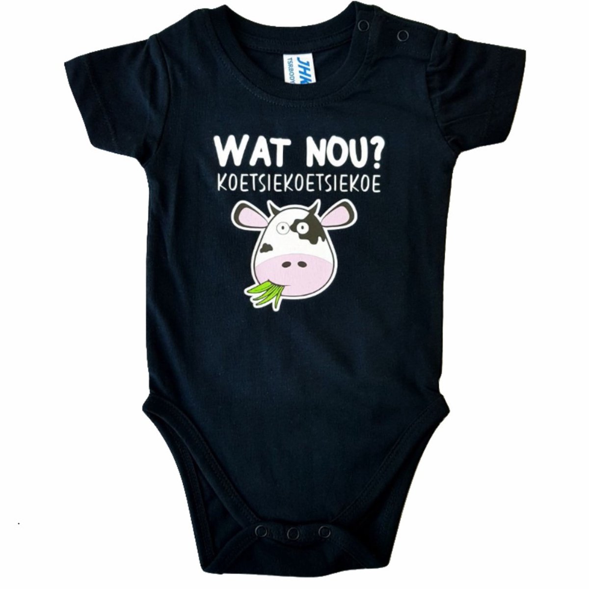 Zwarte romper met "Wat nou? Koetsiekoetsiekoe" - 9 maanden - babyshower, zwanger, cadeautje, kraamcadeau, grappig, geschenk, baby, tekst, bodieke