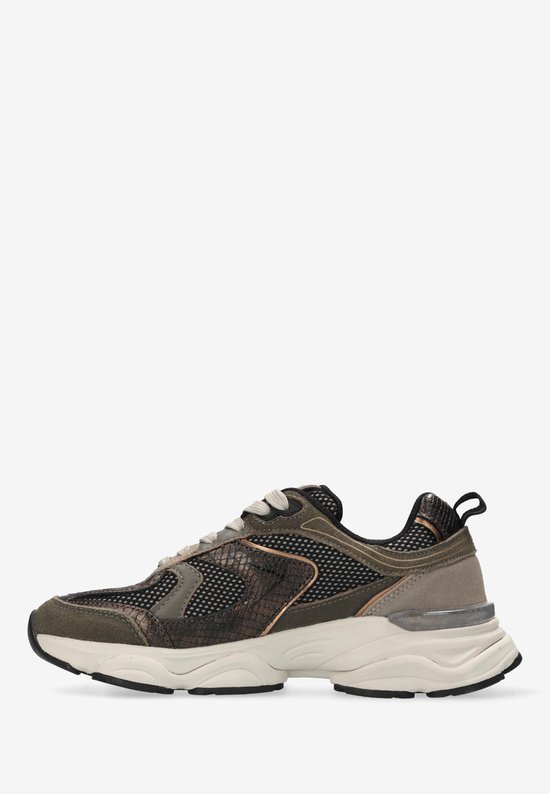Zijaanzicht van groene, bruine en beige dames sneakers met veters en dikke zolen.