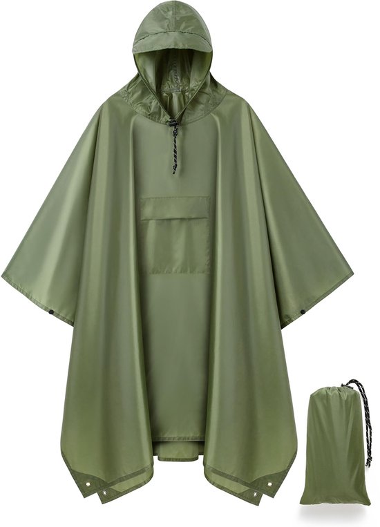 Foto: Goodevn waterdichte regenponcho met opbergtas winddicht sneldrogend unisex one size ideaal voor fietsen festivals bosgroen 