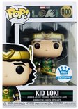 Kid Loki Funko Pop figuur in verpakking, met groene outfit en gouden helm.