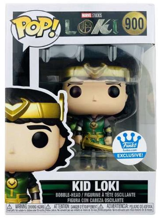 Kid Loki Funko Pop figuur in verpakking, met groene outfit en gouden helm.