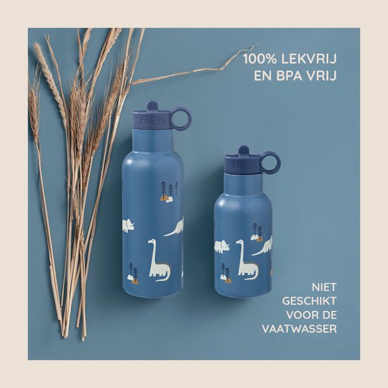 Twee blauwe waterflessen met dinosaurusprint. De linkse heeft een paarse dop met drinktuit, de rechtse een zilverkleurige dop met handvat.