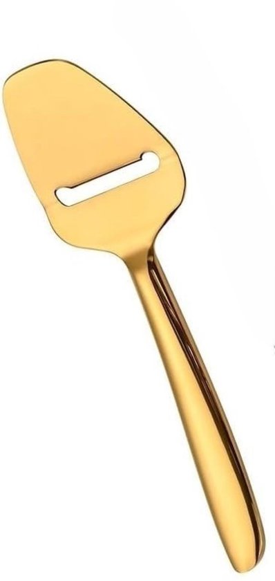 Een glanzende gouden kaasschaaf met een ovaal blad en een rechthoekige opening.