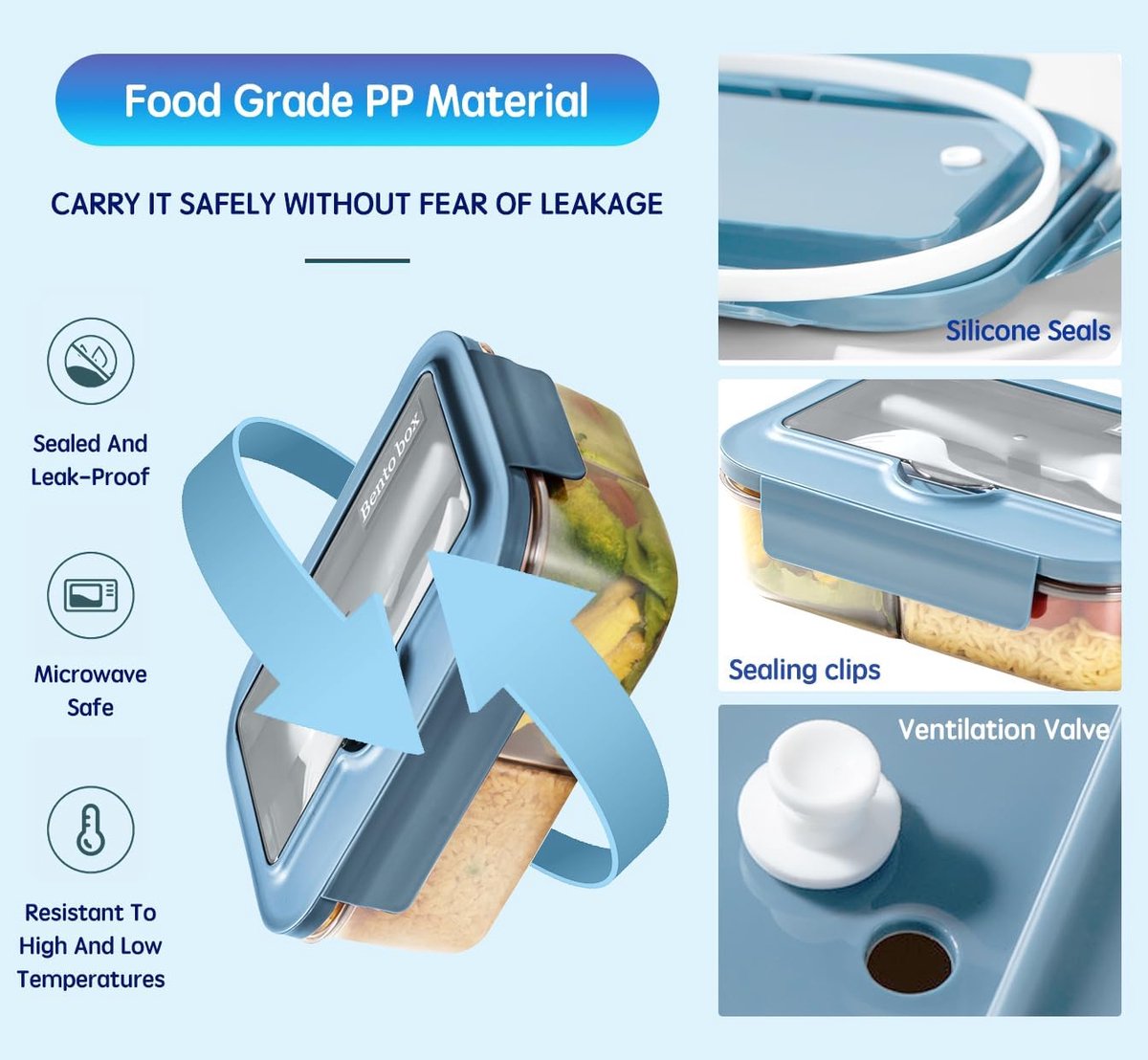 Broodtrommel - broodtrommel lunchbox volwassenen - Lunchboxen kinderen - Lunchbox met vakjes - Herbruikbare lunchbox - Boxcontainer met 2 compartimenten - Geïsoleerde - Afsluitbare - Draagbare - Kan in de magnetron worden verwarmd (grijs) — cadeau in Koken & Dineren - foto 3