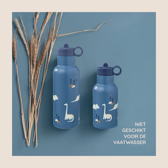 Twee blauwe thermosflessen met dinosaurusprint, een met schroefdop, een met tuitdop.