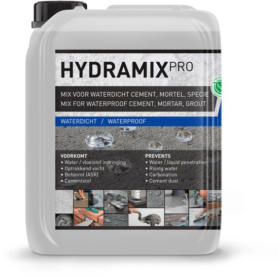 Hydramix Pro: witte kunststof fles met informatie over waterdicht maken van cement, mortel en specie. Bevat afbeeldingen van toepassingen.
