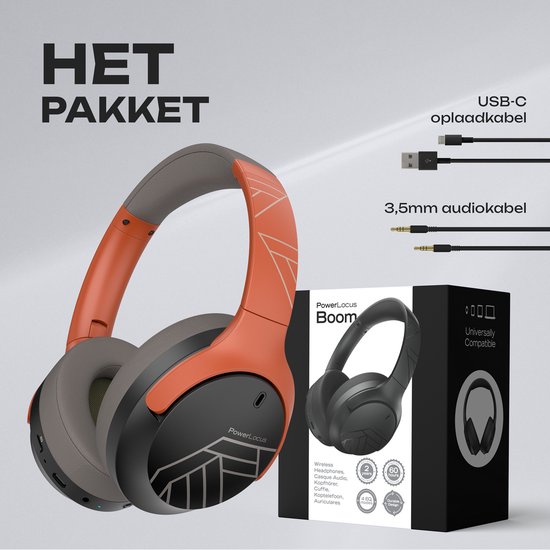 Oranje en grijze over-ear koptelefoon, met USB-C en 3,5mm audiokabels en de verpakking van PowerLocus Boom.