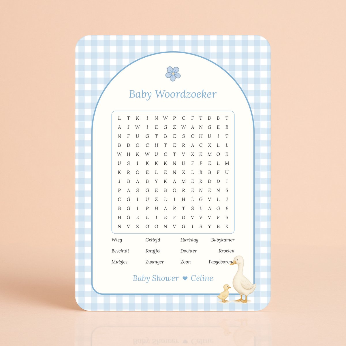 Gepersonaliseerde Babyshower invulkaarten - Baby Woordzoeker - Gingham Blauw met Gansje - 20 Stuks - Babyshower Cadeau