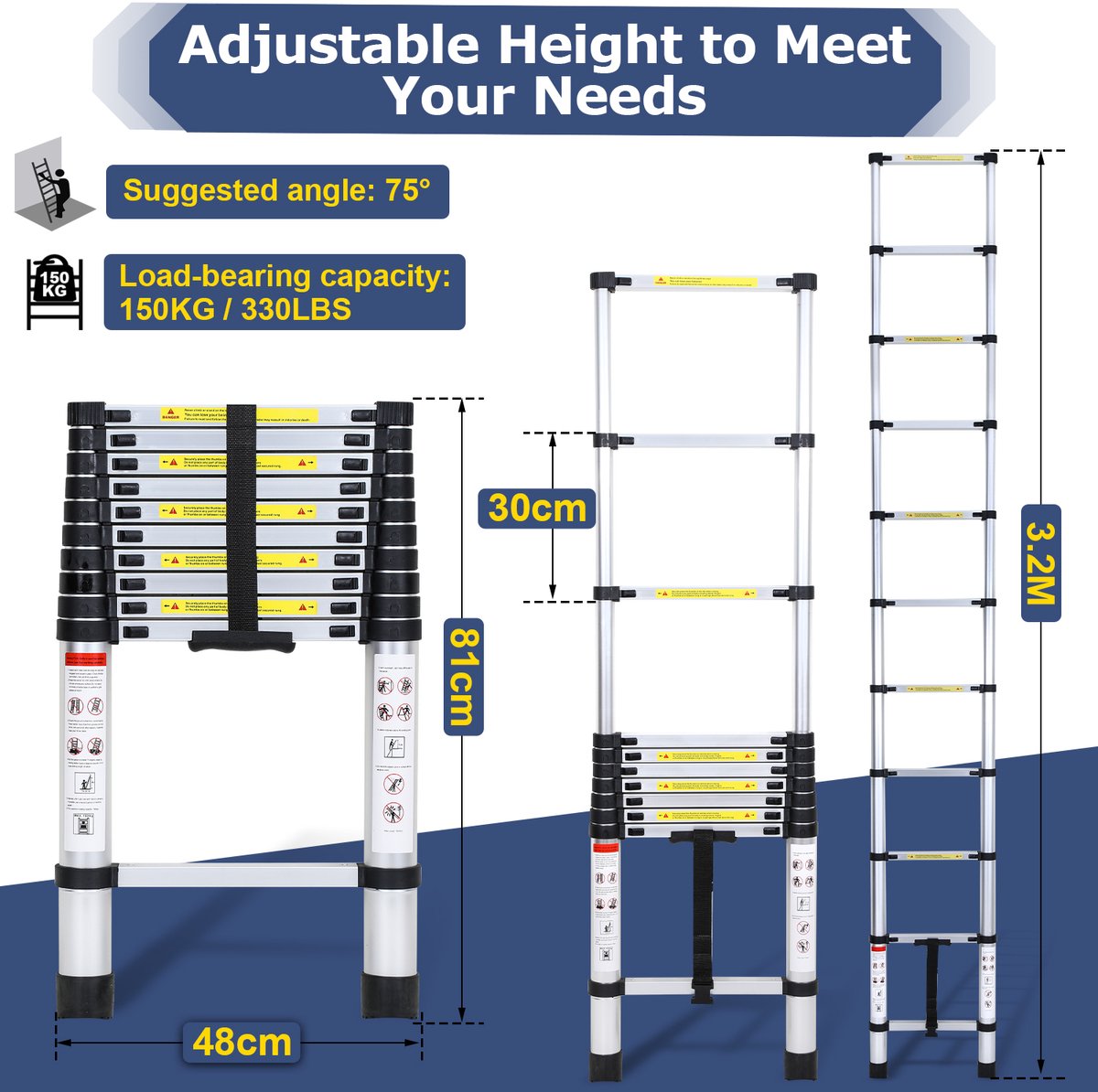 Telescopische Ladder - Telescoopladder - 3,2 m zilver, Max. Belasting 150 kg, Compact en Draagbaar met Soft Closing Systeem, Geschikt voor Particulier en Professioneel Gebruik, Telescopische Vouwladder – foto 8