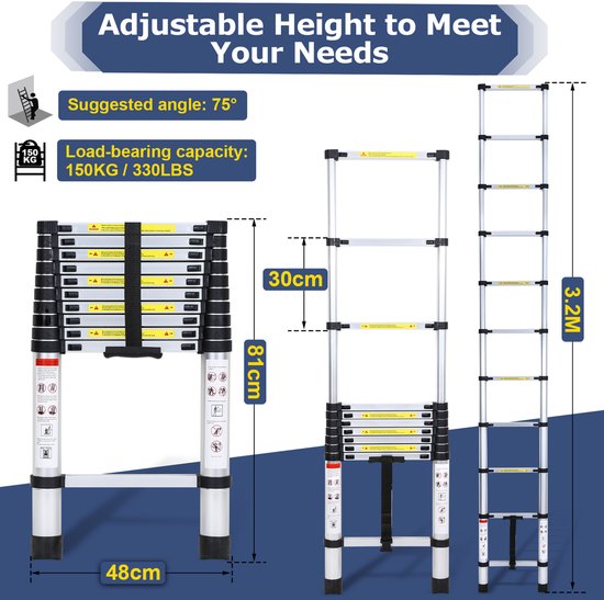 Telescopische Ladder - Telescoopladder - 3,2 m zilver, Max. Belasting 150 kg, Compact en Draagbaar met Soft Closing Systeem, Geschikt voor Particulier en Professioneel Gebruik, Telescopische Vouwladder
