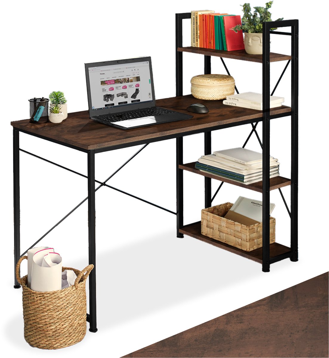 tectake® Bureau met kast - Computerbureau met 3 planken - Bureautafel van hout en metaal - Industrieel design - Zwart metalen frame - Afmetingen (LxBxH) 122 x 61 x 120 cm - Donkerbruin