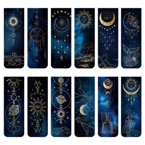 Marque-pages magnétiques Viwado® 12 pièces | Céleste - Design mystique avec le Soleil, la Lune et les signes du zodiaque | Cadeau idéal pour les fans et les lecteurs Astrologie